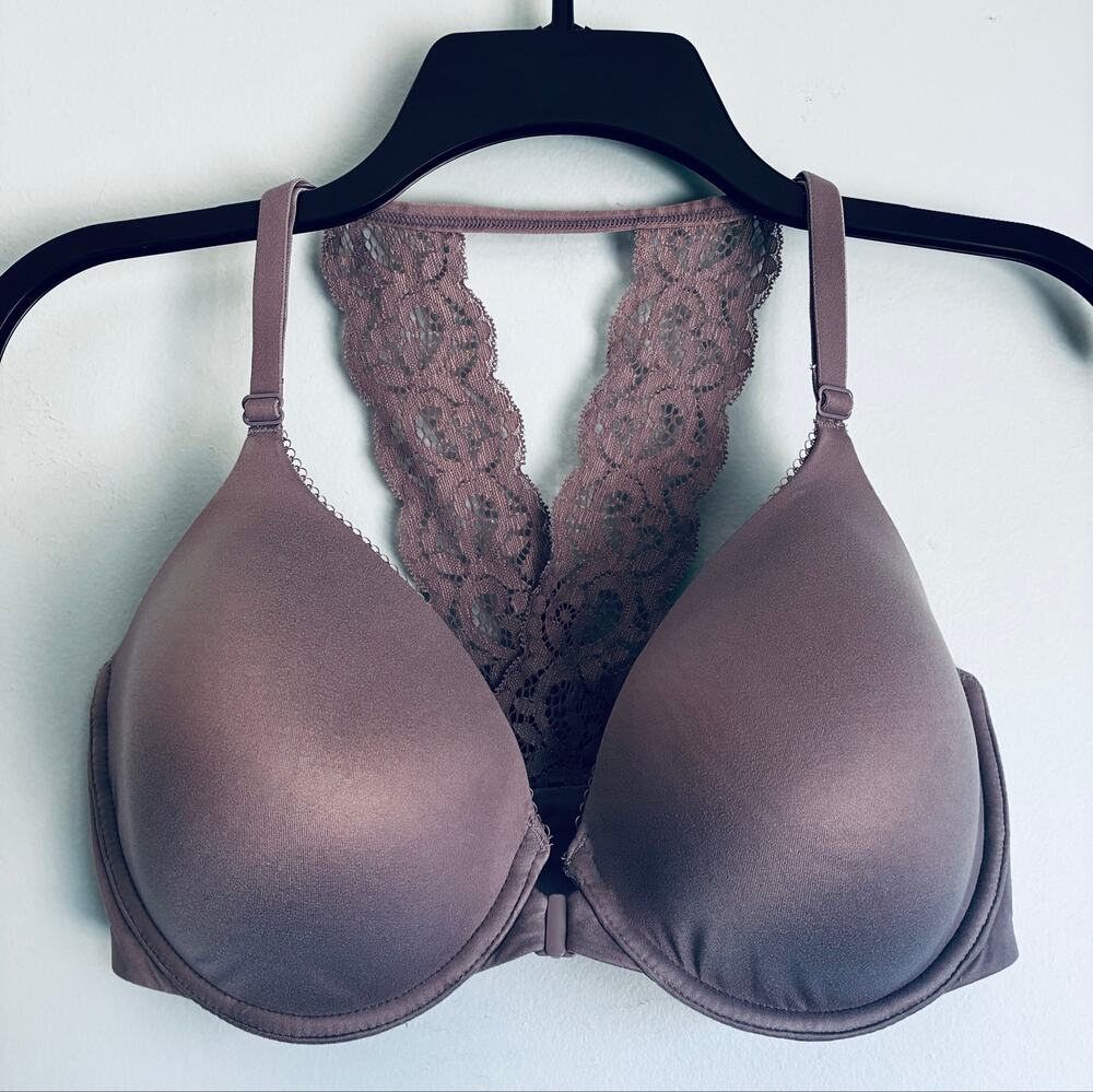 Victoria's Secret Perfect Coverage Racerback Bra Gray Lace 34DD Front Closure